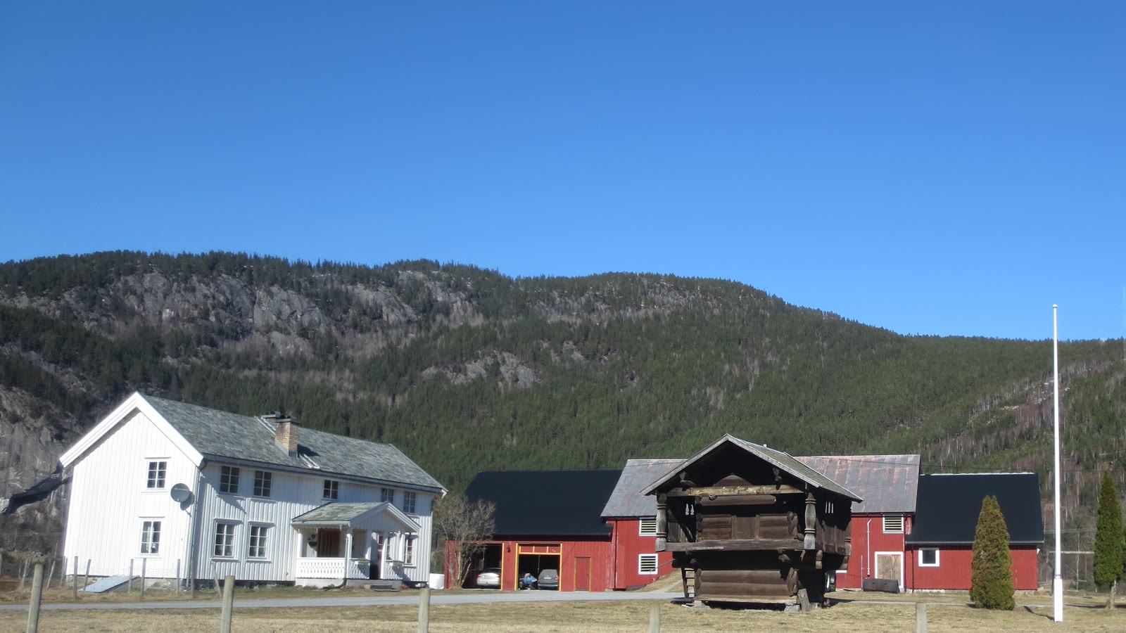 Utsikt over Rysstad i Valle i Setesdal med tun, jorder og fjell