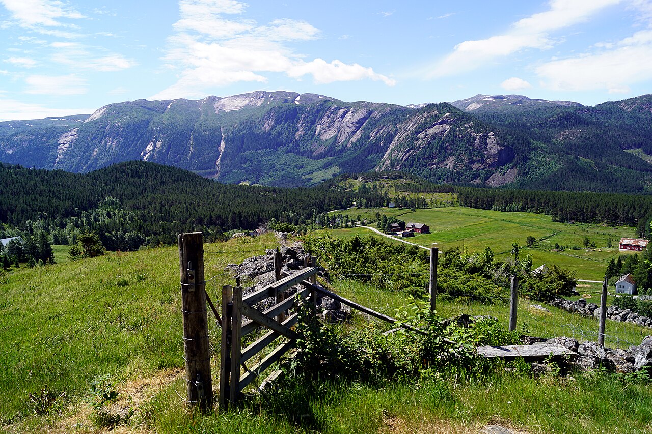 Setesdalslandskap ved Flateland med grønne enger, skog og fjell, en ramme rundt jazzfestivalen Terrassejazz i Evje
