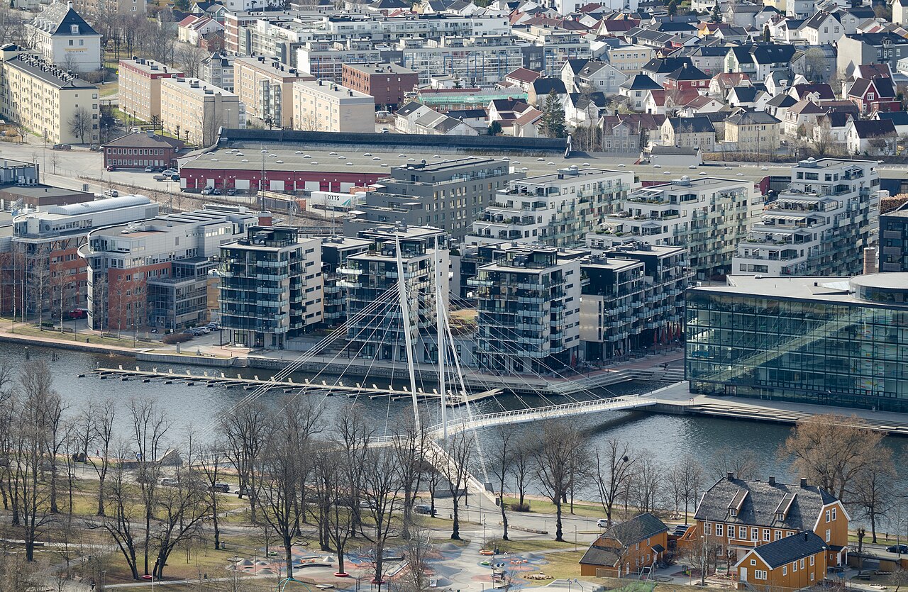 Ypsilonbroen i Drammen fotografert fra skogen i nord en aprildag, med broen synlig over Drammenselva og bylandskapet bak