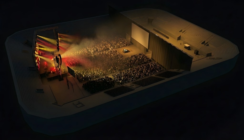 3D-modell av Unity Arena som halv sal med gardinvegg som kan åpnes