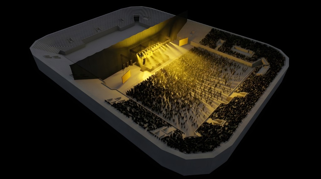 3D-modell av Unity Arena som halv sal med rigg og backstage bak scenen