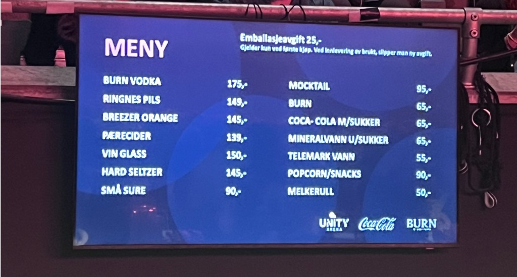 Oppdatert meny med alle priser på drikke og snacks på Unity Arena, februar 2026