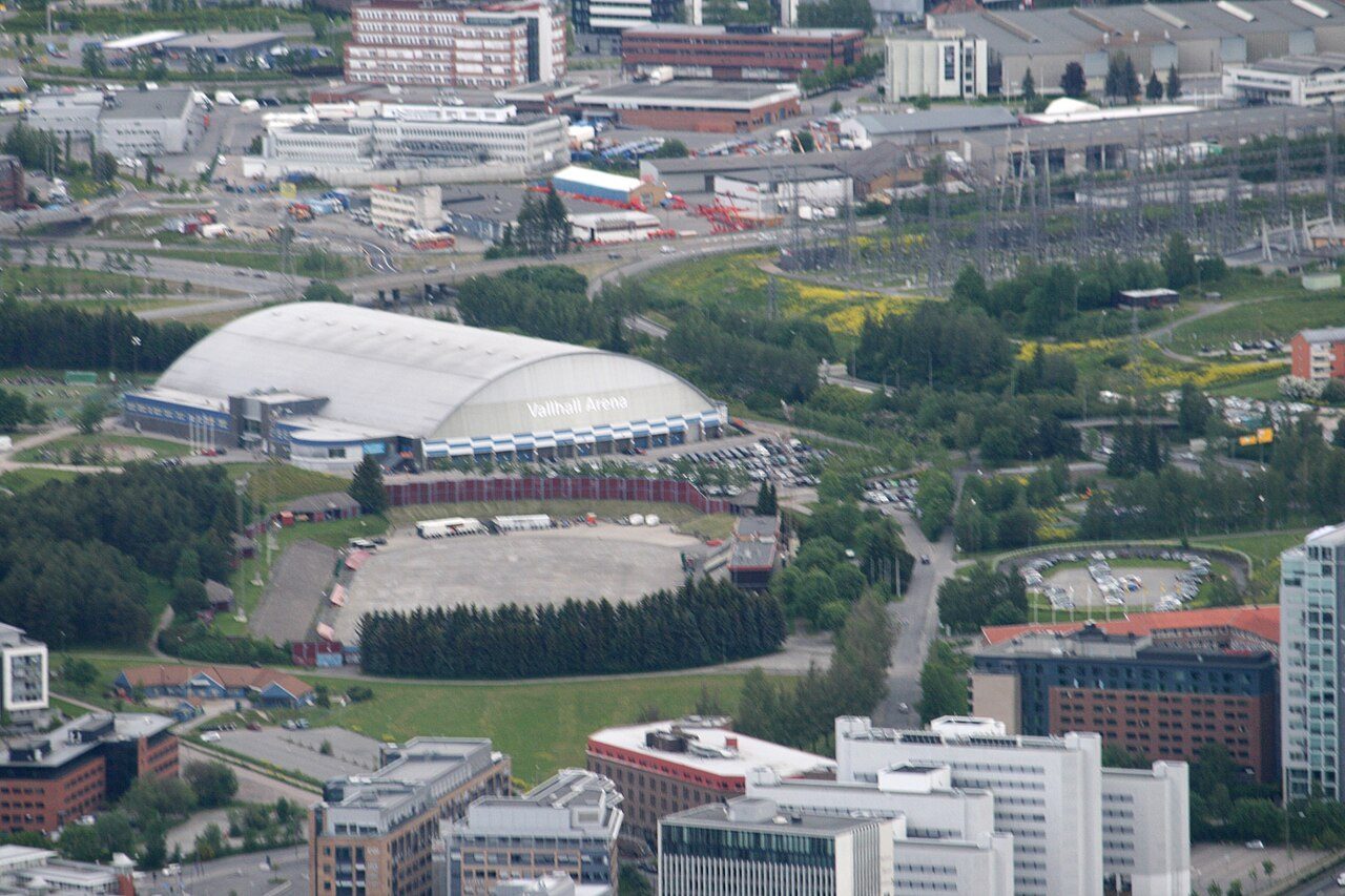 Luftfoto av Vallhall Arena og nærområdet på Valle/Helsfyr i Oslo